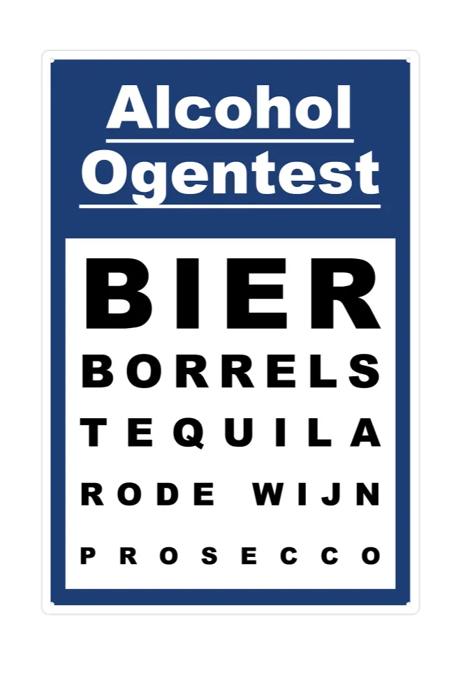 Decoratiebord Alcohol Ogentest met grappige tekst over bier en prosecco