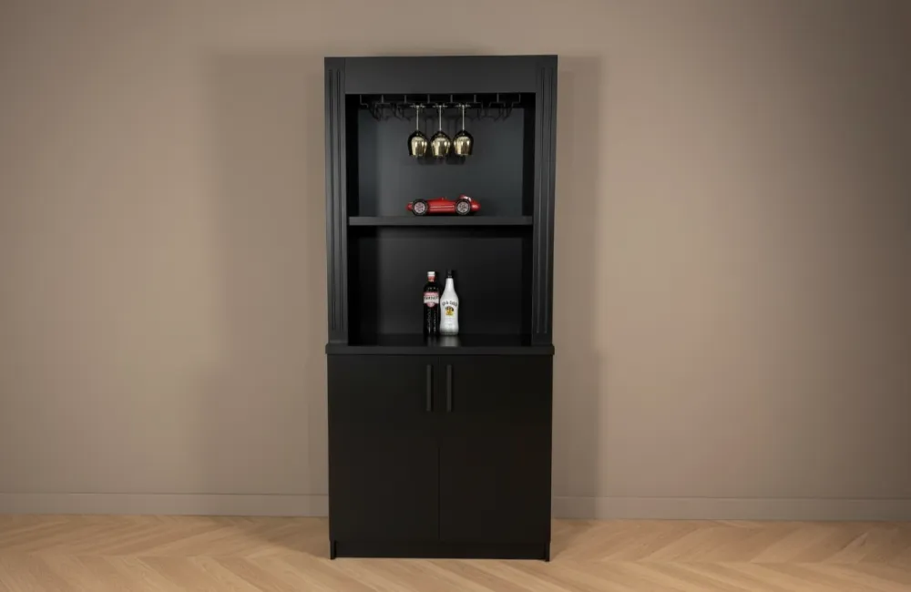 Achterkast New York strepen zwart 100 cm drankenkast met glazenrek