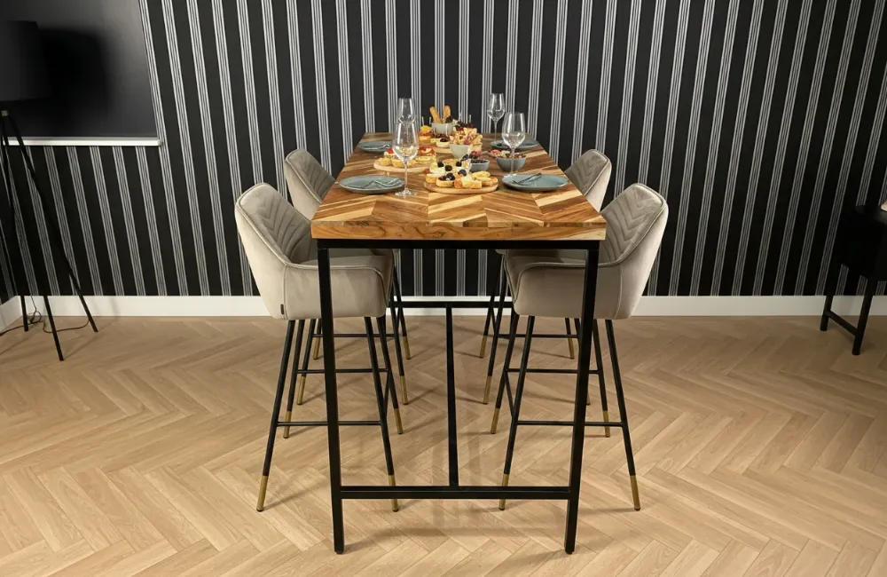 barset 170 cm met 4 barkrukken wave taupe acaciahout visgraat bartafel mats