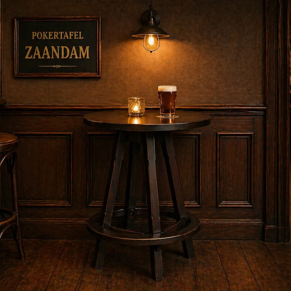 Pokertafel Zaandam noten met rond blad van 100 cm in klassieke kroegstijl