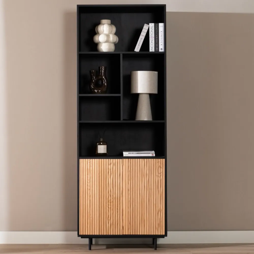 vakkenkast lissabon zwart blank eiken open kast met deuren 220 cm