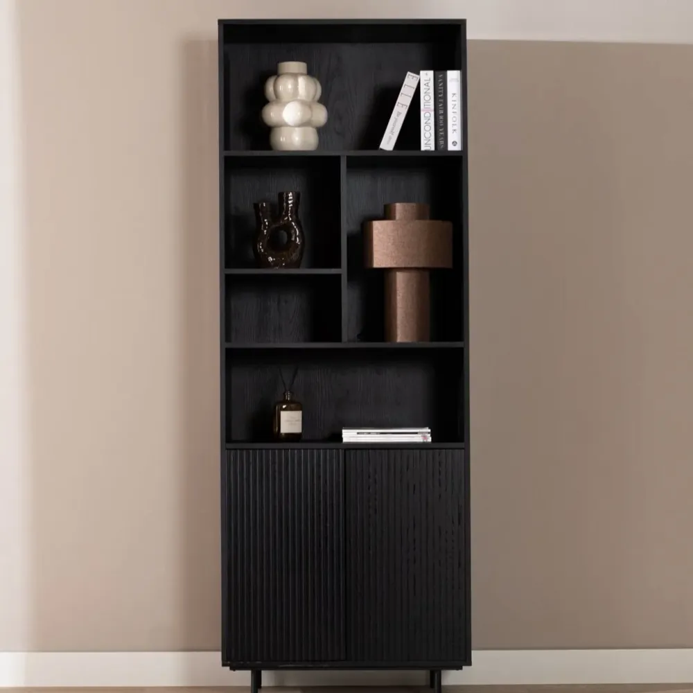 vakkenkast lissabon zwart eiken open kast met deuren 220 cm woonkamer